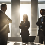 Three business individuals gather near a large window, engaged in a conversation about the current state of company data.