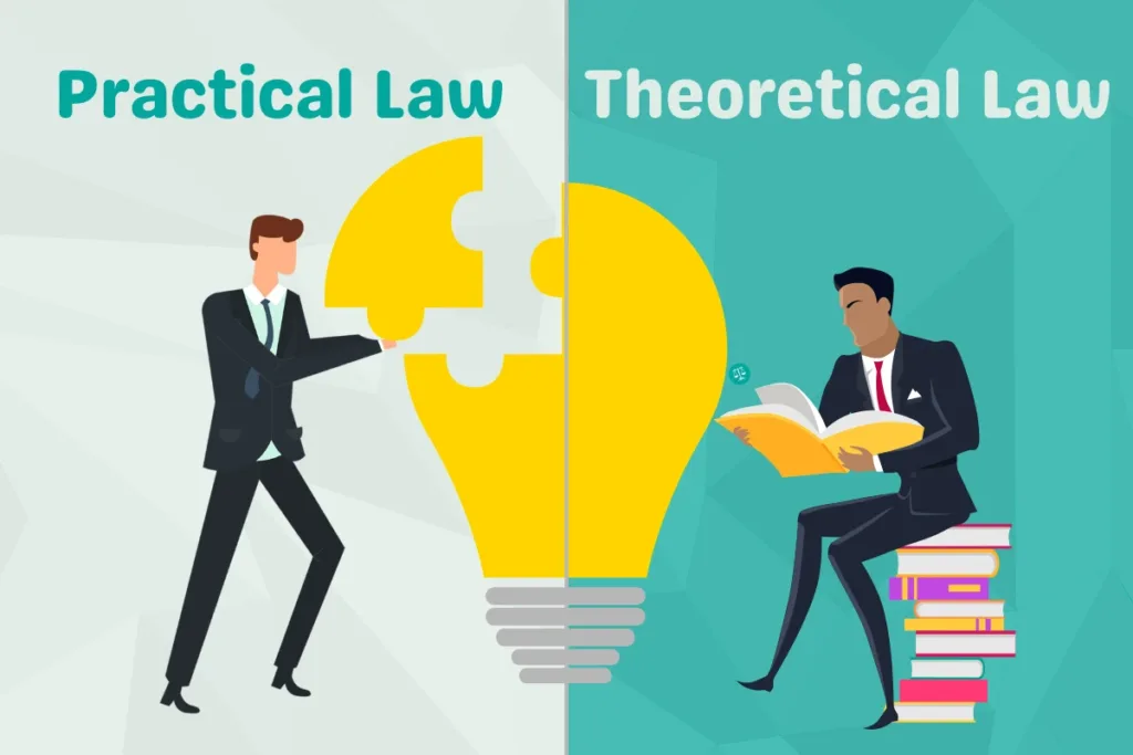 Two individuals represent the contrast between theoretical and practical law in e-commerce—one reading a law book, while the other places a missing puzzle piece into a glowing light bulb, symbolizing real-world problem-solving.