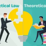 Two individuals represent the contrast between theoretical and practical law in e-commerce—one reading a law book, while the other places a missing puzzle piece into a glowing light bulb, symbolizing real-world problem-solving.