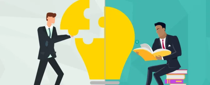 Two individuals represent the contrast between theoretical and practical law in e-commerce—one reading a law book, while the other places a missing puzzle piece into a glowing light bulb, symbolizing real-world problem-solving.